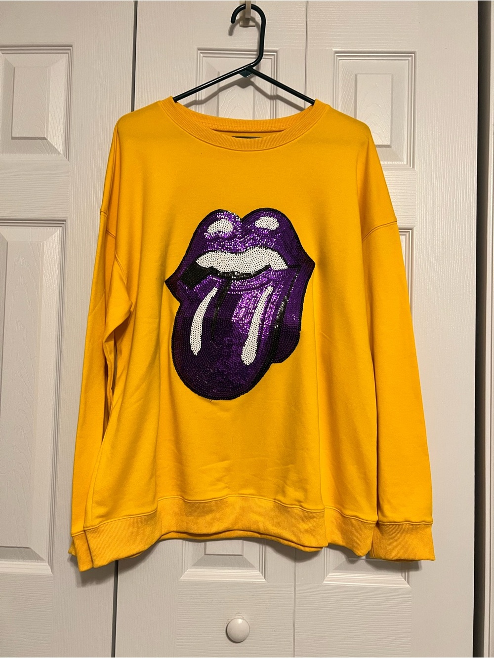 Yellow Crewneck Sweatshirt with Purple Sequin Tongue Graphic